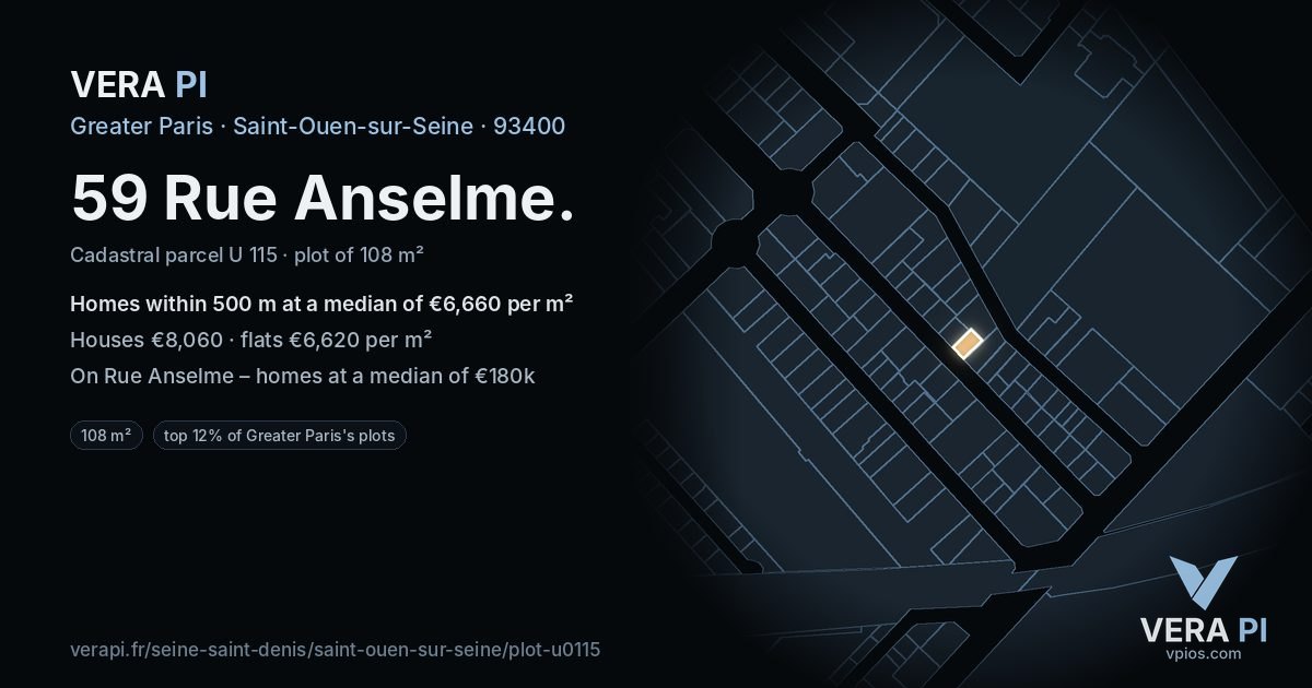 59 Rue Anselme, Saint-Ouen-sur-Seine at night – the plot lit, the parcels around coloured by the prices near them