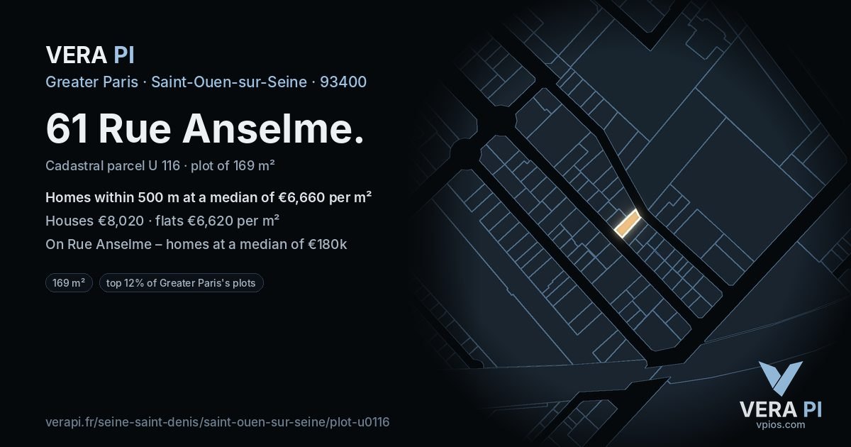 61 Rue Anselme, Saint-Ouen-sur-Seine at night – the plot lit, the parcels around coloured by the prices near them