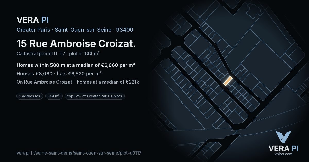 15 Rue Ambroise Croizat, Saint-Ouen-sur-Seine at night – the plot lit, the parcels around coloured by the prices near them