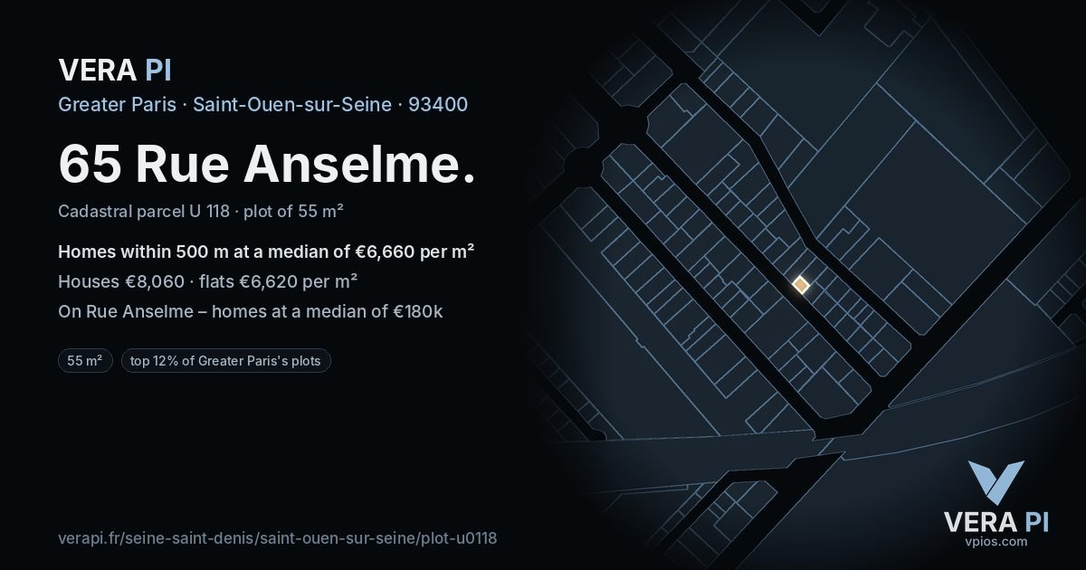 65 Rue Anselme, Saint-Ouen-sur-Seine at night – the plot lit, the parcels around coloured by the prices near them