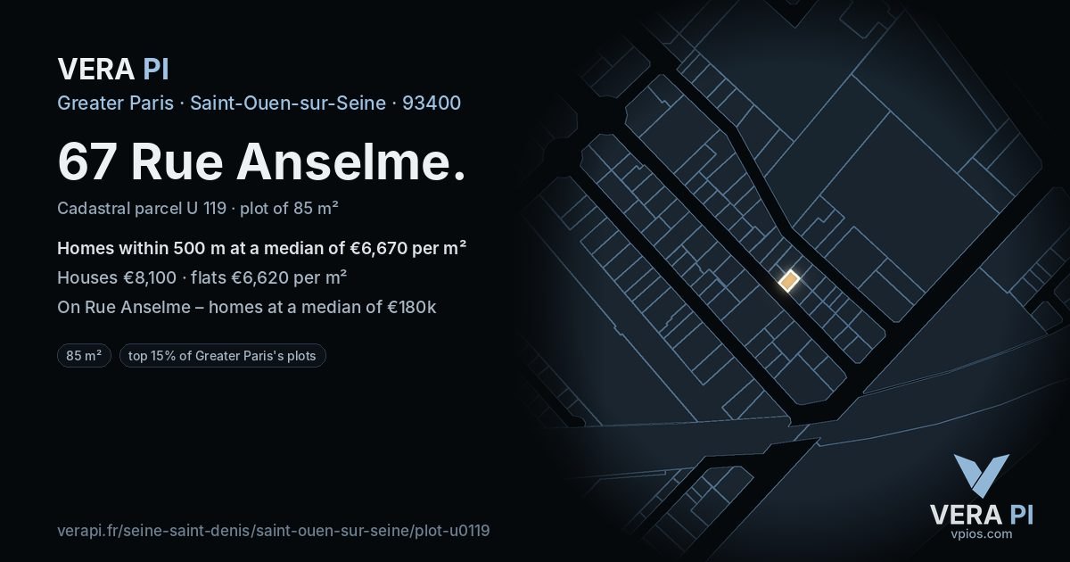 67 Rue Anselme, Saint-Ouen-sur-Seine at night – the plot lit, the parcels around coloured by the prices near them