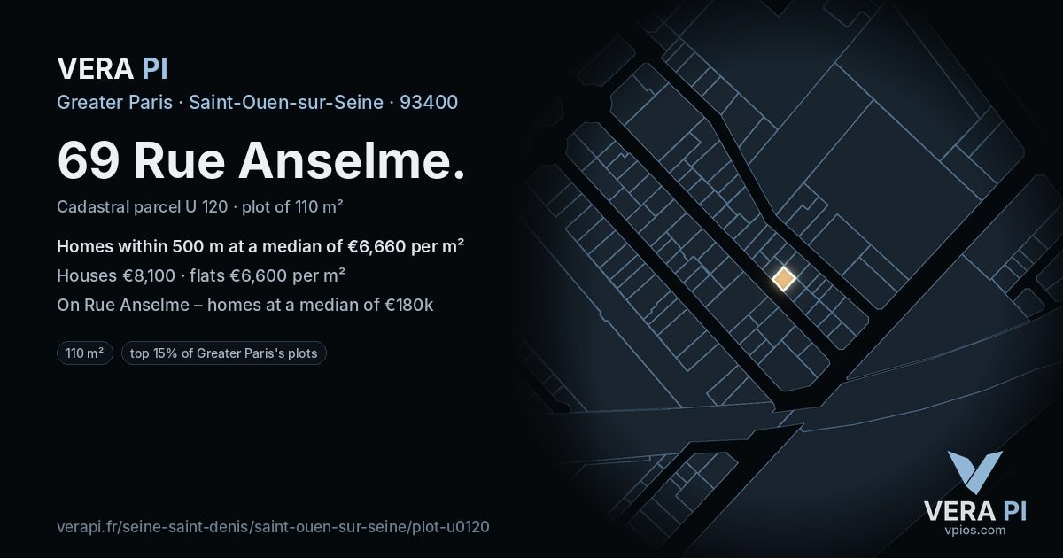 69 Rue Anselme, Saint-Ouen-sur-Seine at night – the plot lit, the parcels around coloured by the prices near them