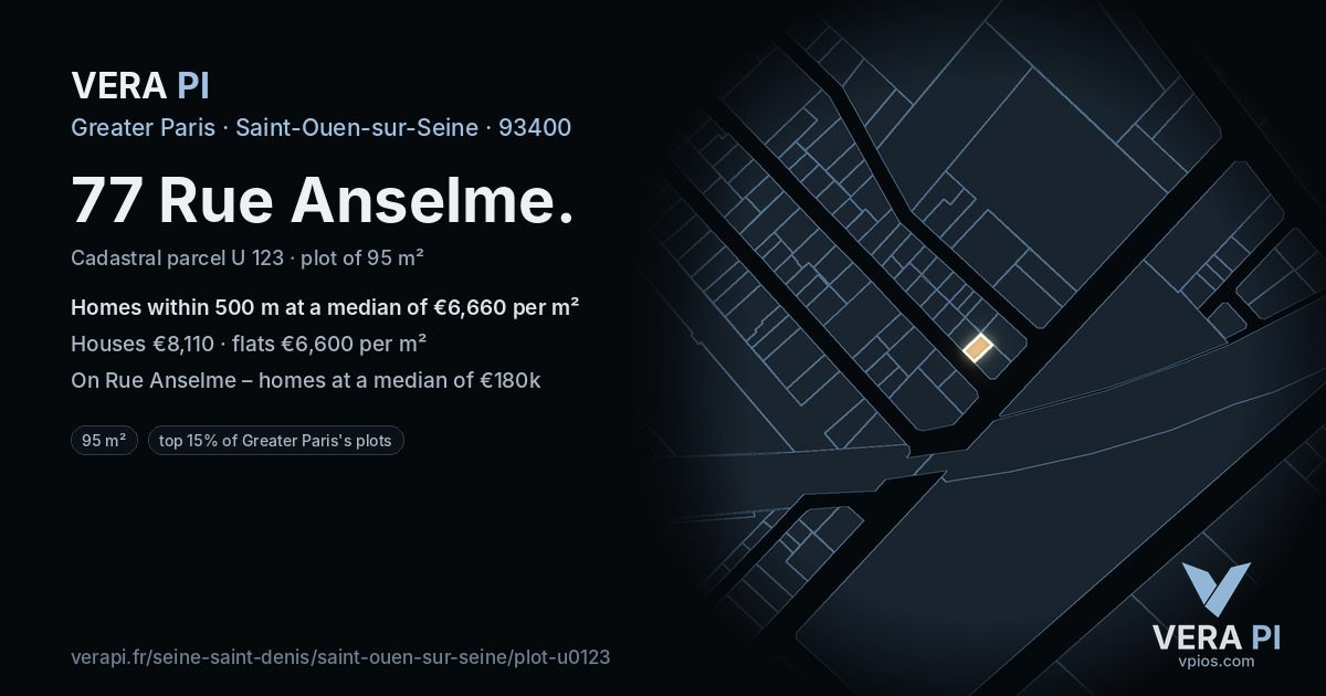 77 Rue Anselme, Saint-Ouen-sur-Seine at night – the plot lit, the parcels around coloured by the prices near them