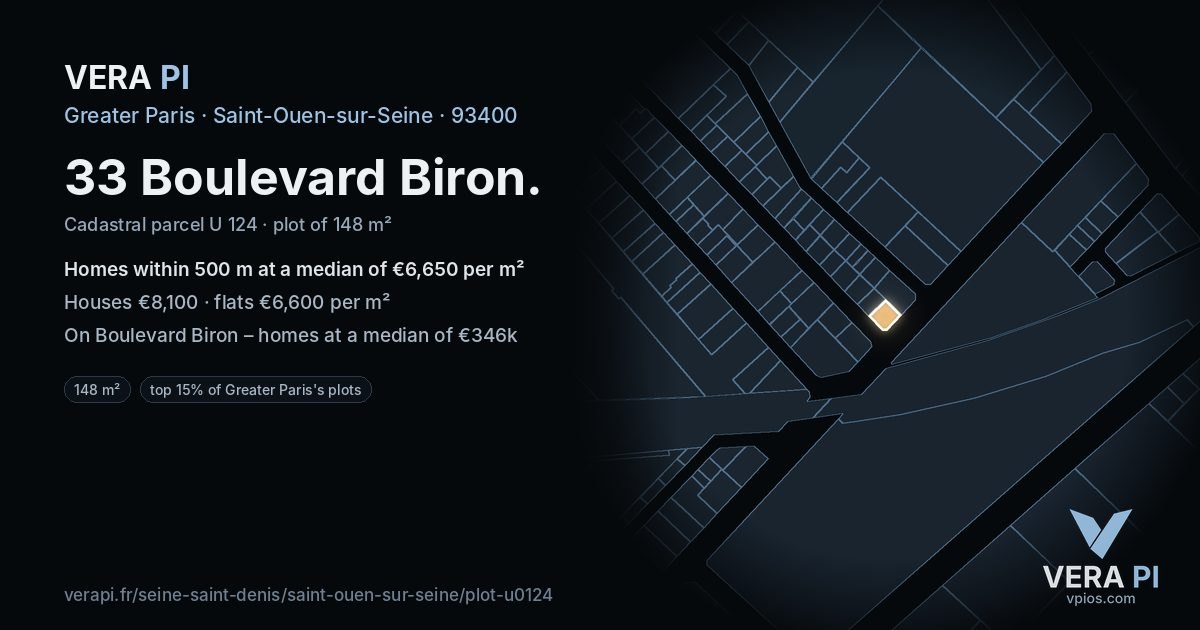33 Boulevard Biron, Saint-Ouen-sur-Seine at night – the plot lit, the parcels around coloured by the prices near them