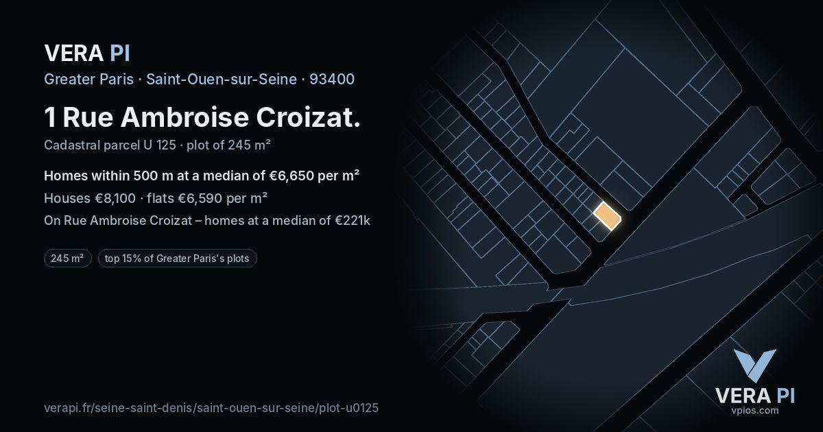 1 Rue Ambroise Croizat, Saint-Ouen-sur-Seine at night – the plot lit, the parcels around coloured by the prices near them