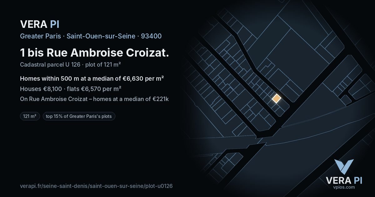 1 bis Rue Ambroise Croizat, Saint-Ouen-sur-Seine at night – the plot lit, the parcels around coloured by the prices near them