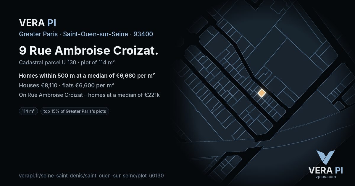9 Rue Ambroise Croizat, Saint-Ouen-sur-Seine at night – the plot lit, the parcels around coloured by the prices near them
