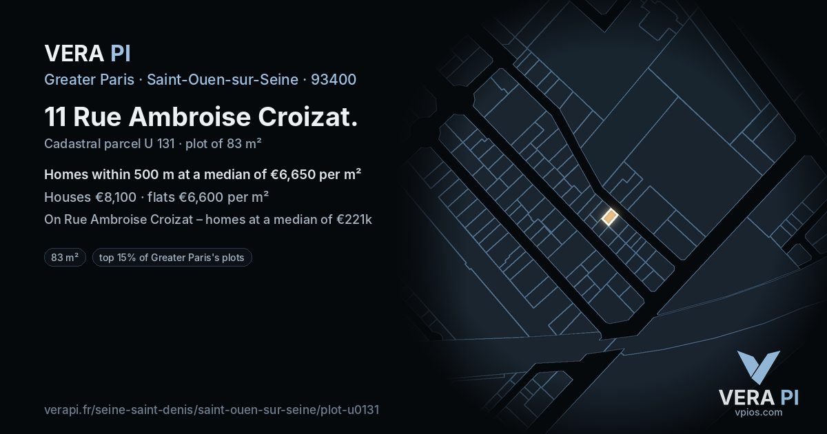 11 Rue Ambroise Croizat, Saint-Ouen-sur-Seine at night – the plot lit, the parcels around coloured by the prices near them
