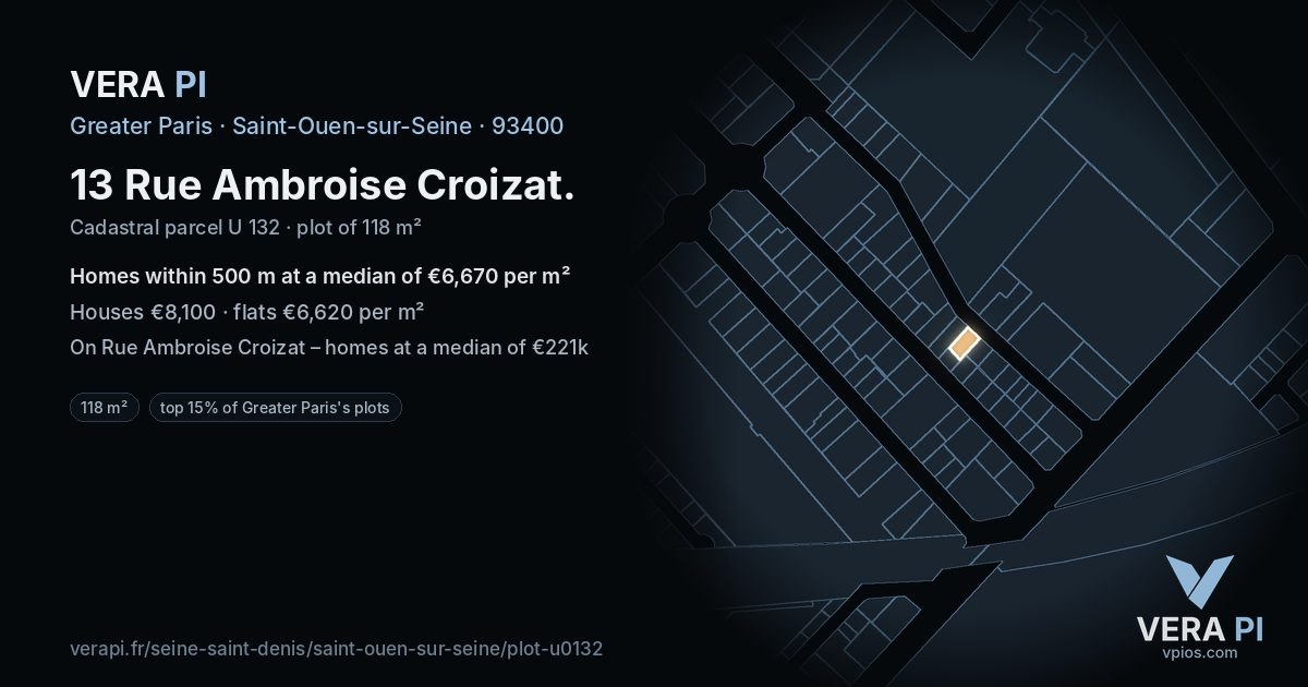 13 Rue Ambroise Croizat, Saint-Ouen-sur-Seine at night – the plot lit, the parcels around coloured by the prices near them