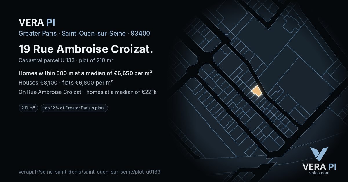 19 Rue Ambroise Croizat, Saint-Ouen-sur-Seine at night – the plot lit, the parcels around coloured by the prices near them