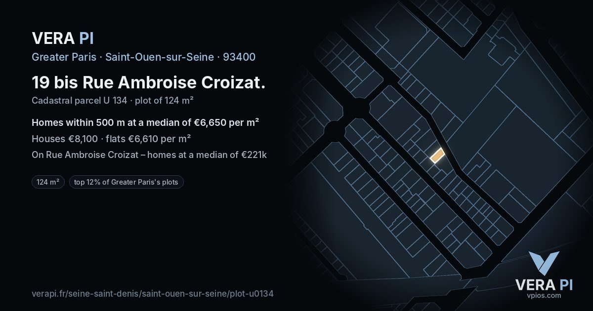 19 bis Rue Ambroise Croizat, Saint-Ouen-sur-Seine at night – the plot lit, the parcels around coloured by the prices near them