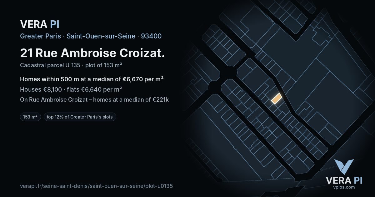 21 Rue Ambroise Croizat, Saint-Ouen-sur-Seine at night – the plot lit, the parcels around coloured by the prices near them