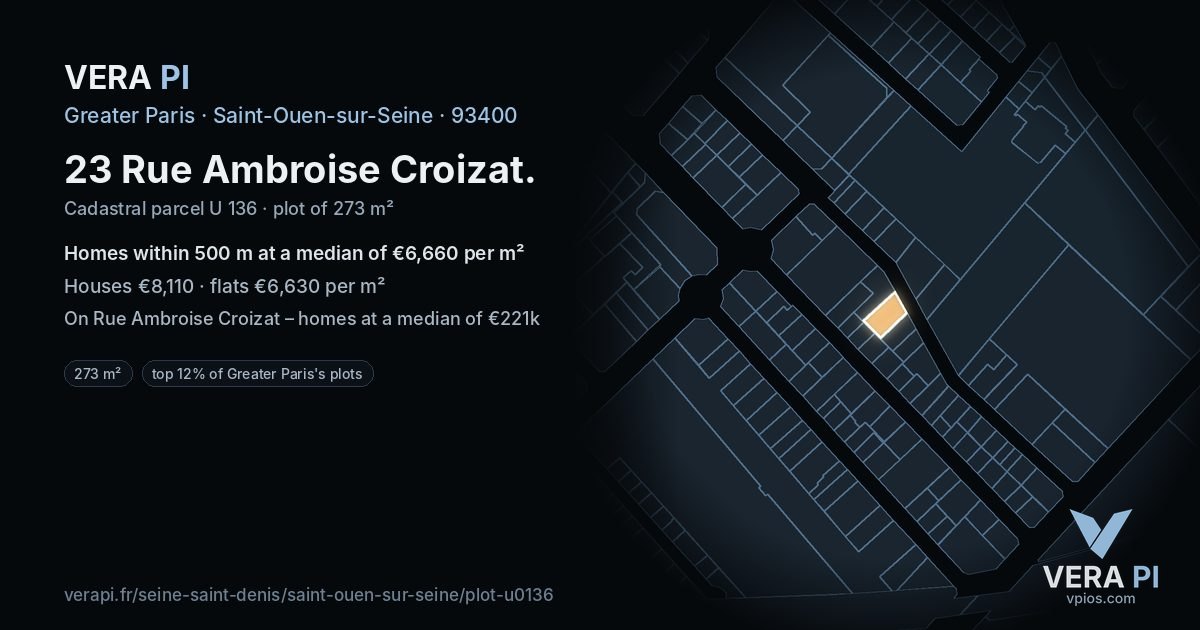 23 Rue Ambroise Croizat, Saint-Ouen-sur-Seine at night – the plot lit, the parcels around coloured by the prices near them