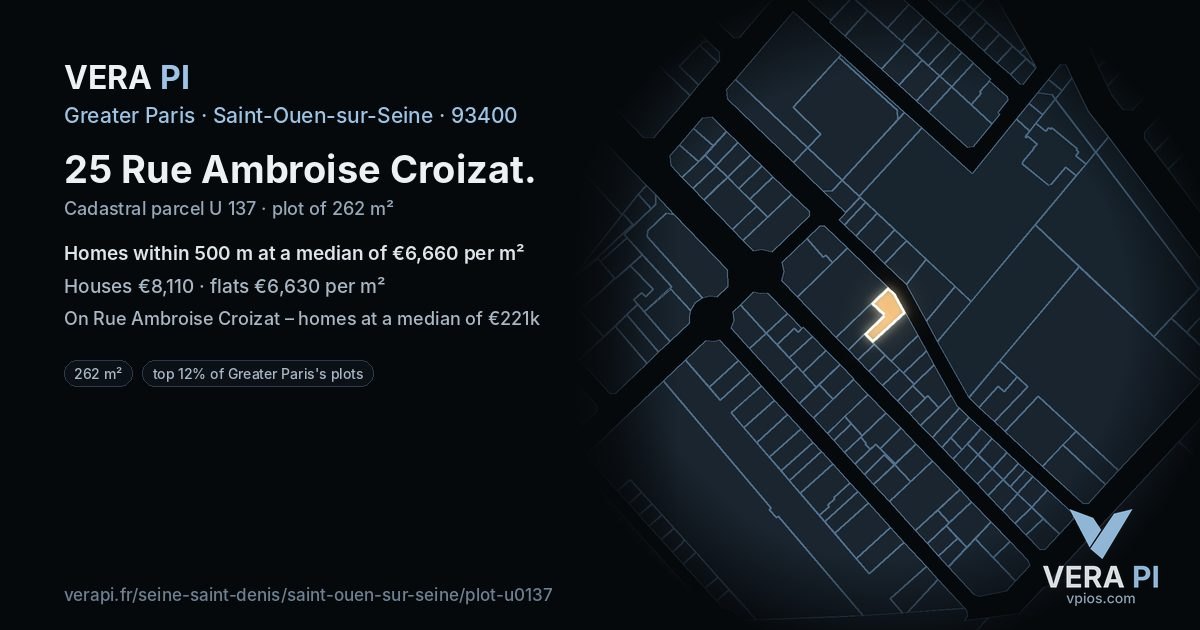 25 Rue Ambroise Croizat, Saint-Ouen-sur-Seine at night – the plot lit, the parcels around coloured by the prices near them