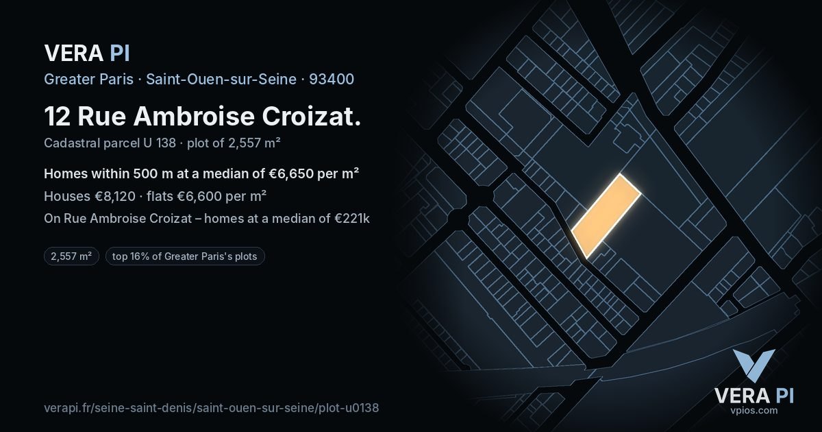 12 Rue Ambroise Croizat, Saint-Ouen-sur-Seine at night – the plot lit, the parcels around coloured by the prices near them