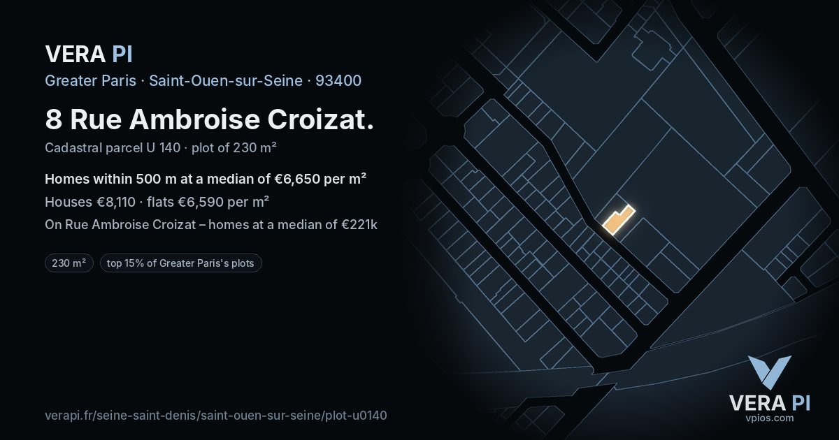 8 Rue Ambroise Croizat, Saint-Ouen-sur-Seine at night – the plot lit, the parcels around coloured by the prices near them