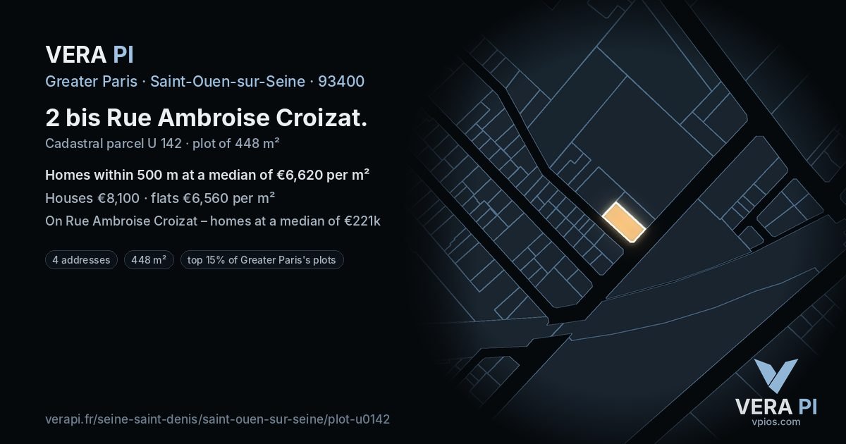 2 bis Rue Ambroise Croizat, Saint-Ouen-sur-Seine at night – the plot lit, the parcels around coloured by the prices near them