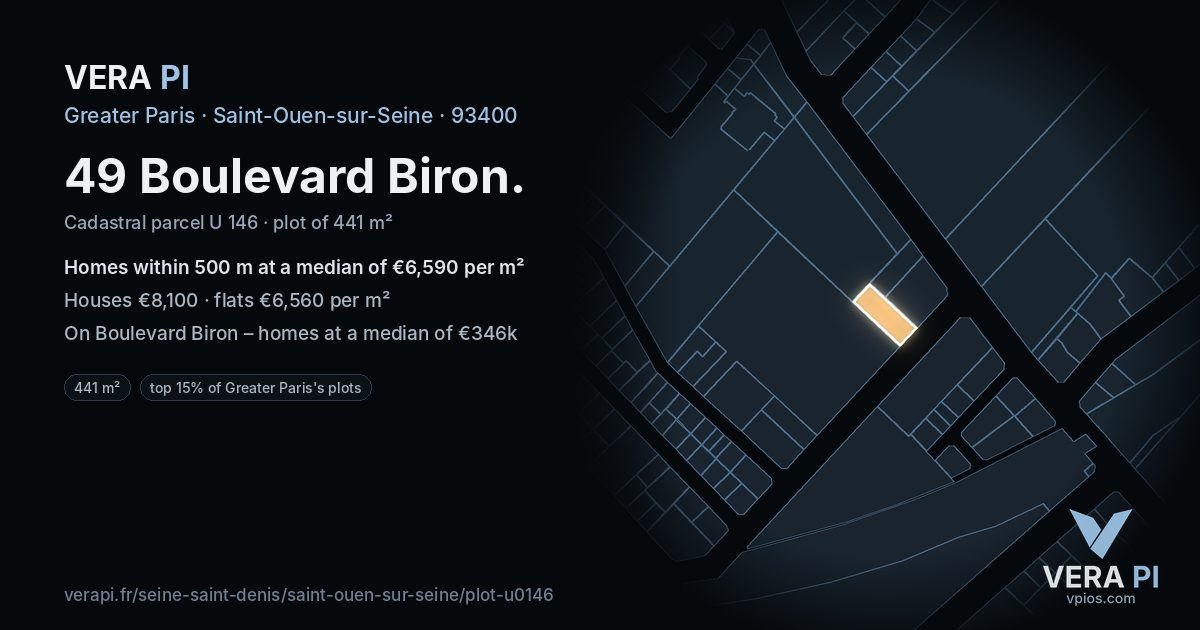 49 Boulevard Biron, Saint-Ouen-sur-Seine at night – the plot lit, the parcels around coloured by the prices near them