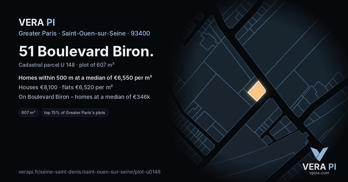 51 Boulevard Biron, Saint-Ouen-sur-Seine at night – the plot lit, the parcels around coloured by the prices near them