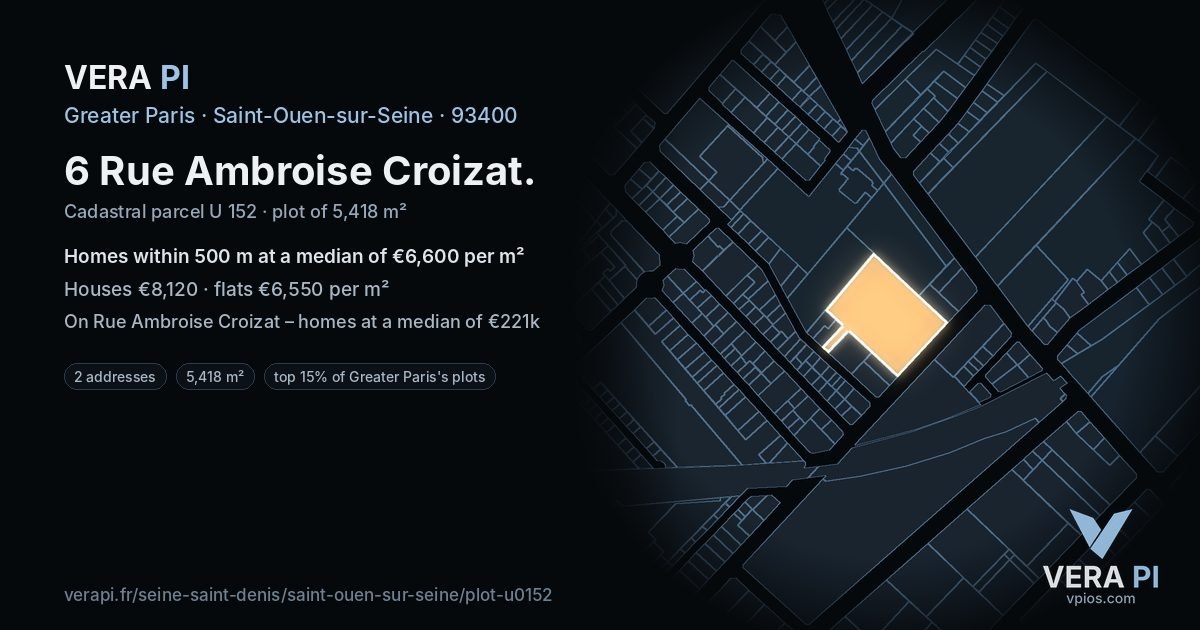 6 Rue Ambroise Croizat, Saint-Ouen-sur-Seine at night – the plot lit, the parcels around coloured by the prices near them
