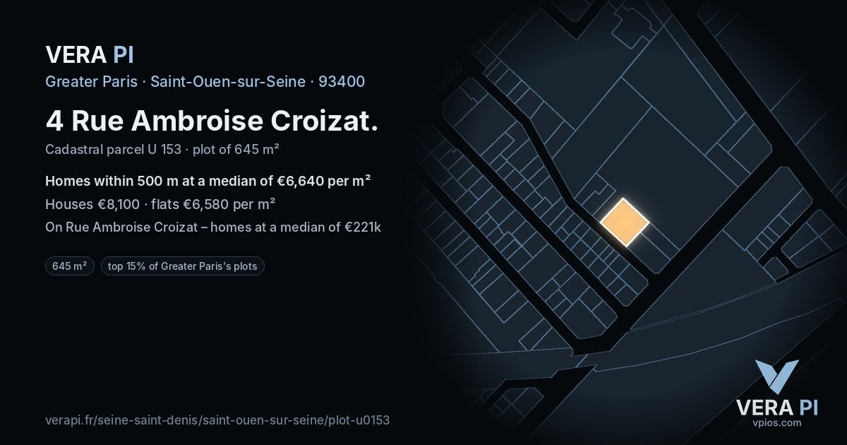 4 Rue Ambroise Croizat, Saint-Ouen-sur-Seine at night – the plot lit, the parcels around coloured by the prices near them