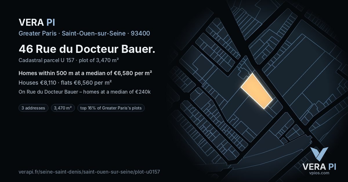 46 Rue du Docteur Bauer, Saint-Ouen-sur-Seine at night – the plot lit, the parcels around coloured by the prices near them