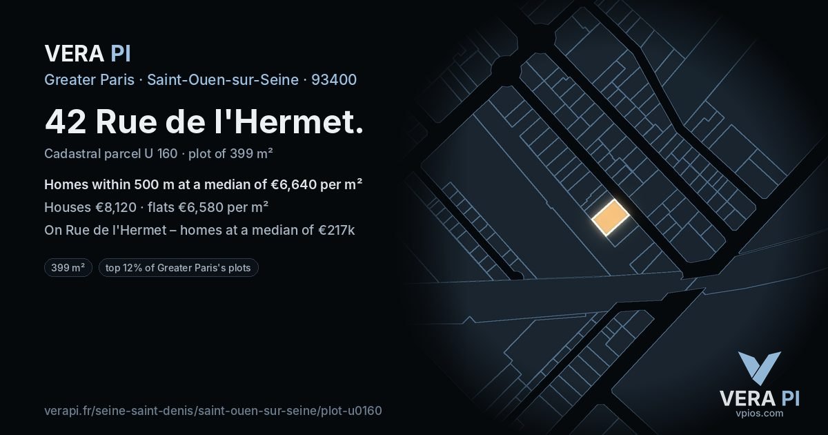 42 Rue de l'Hermet, Saint-Ouen-sur-Seine at night – the plot lit, the parcels around coloured by the prices near them