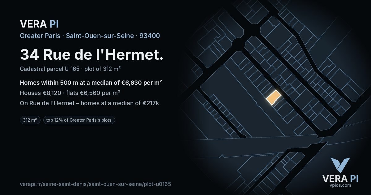 34 Rue de l'Hermet, Saint-Ouen-sur-Seine at night – the plot lit, the parcels around coloured by the prices near them