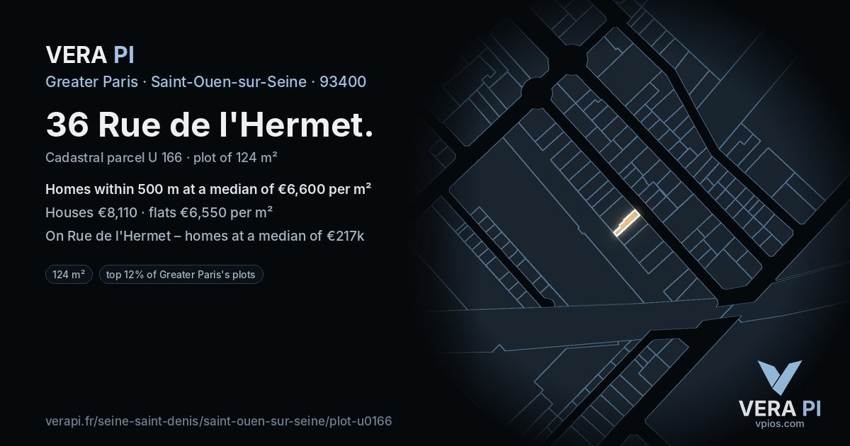 36 Rue de l'Hermet, Saint-Ouen-sur-Seine at night – the plot lit, the parcels around coloured by the prices near them
