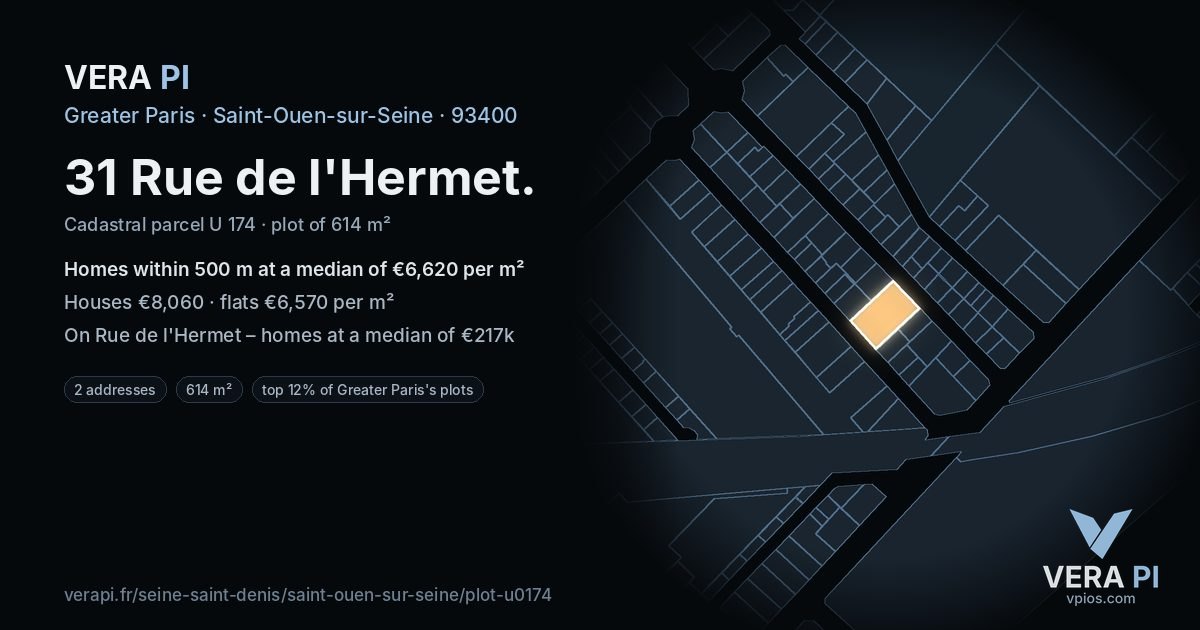 31 Rue de l'Hermet, Saint-Ouen-sur-Seine at night – the plot lit, the parcels around coloured by the prices near them