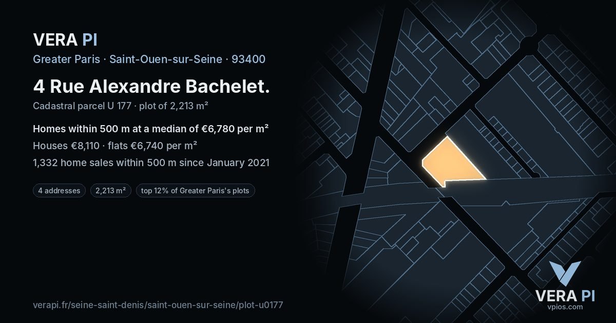 4 Rue Alexandre Bachelet, Saint-Ouen-sur-Seine at night – the plot lit, the parcels around coloured by the prices near them