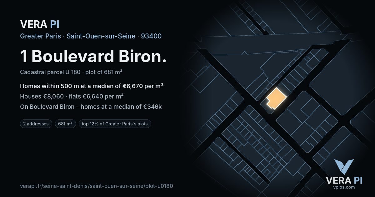 1 Boulevard Biron, Saint-Ouen-sur-Seine at night – the plot lit, the parcels around coloured by the prices near them