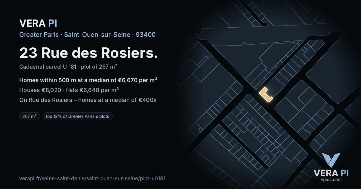 23 Rue des Rosiers, Saint-Ouen-sur-Seine at night – the plot lit, the parcels around coloured by the prices near them