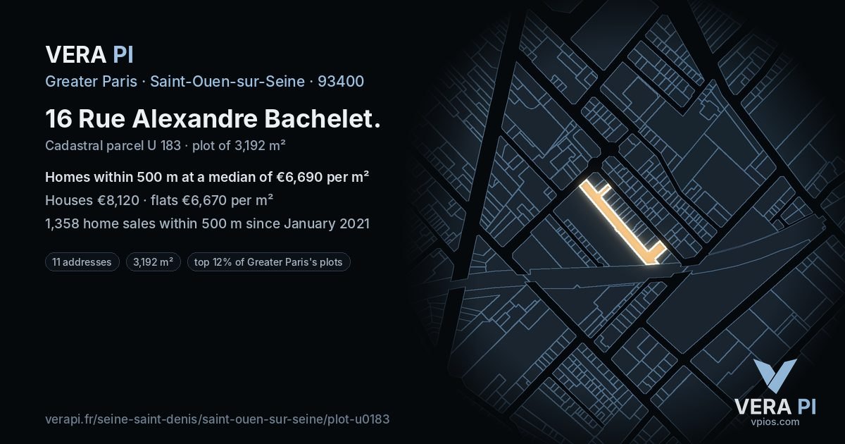 16 Rue Alexandre Bachelet, Saint-Ouen-sur-Seine at night – the plot lit, the parcels around coloured by the prices near them