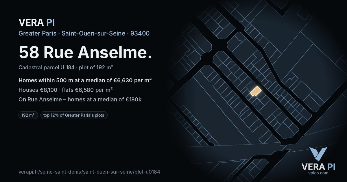 58 Rue Anselme, Saint-Ouen-sur-Seine at night – the plot lit, the parcels around coloured by the prices near them