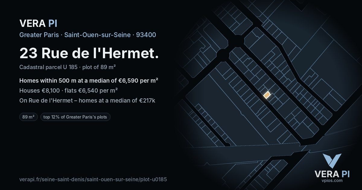 23 Rue de l'Hermet, Saint-Ouen-sur-Seine at night – the plot lit, the parcels around coloured by the prices near them