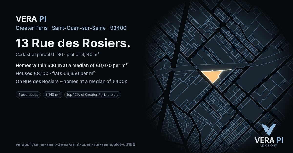 13 Rue des Rosiers, Saint-Ouen-sur-Seine at night – the plot lit, the parcels around coloured by the prices near them