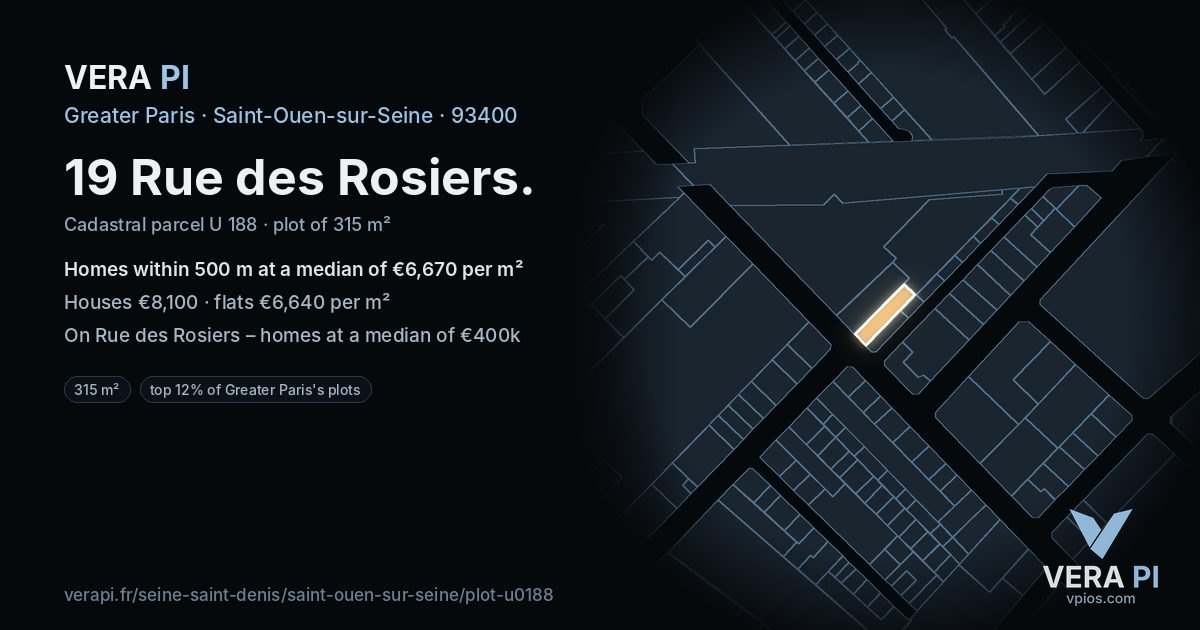 19 Rue des Rosiers, Saint-Ouen-sur-Seine at night – the plot lit, the parcels around coloured by the prices near them