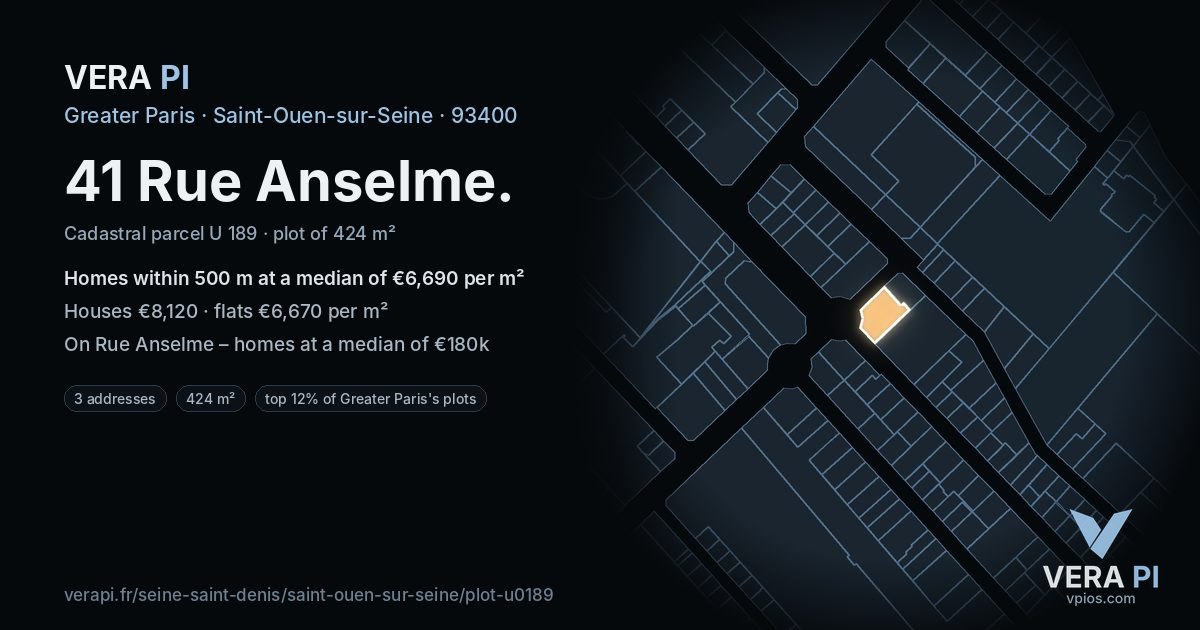 41 Rue Anselme, Saint-Ouen-sur-Seine at night – the plot lit, the parcels around coloured by the prices near them