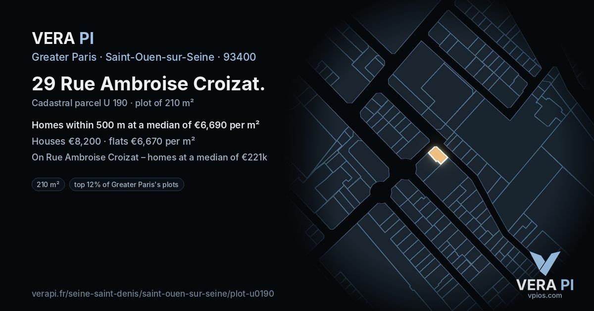29 Rue Ambroise Croizat, Saint-Ouen-sur-Seine at night – the plot lit, the parcels around coloured by the prices near them