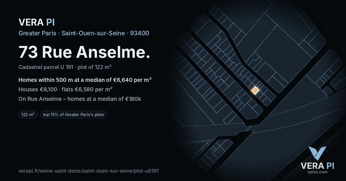 73 Rue Anselme, Saint-Ouen-sur-Seine at night – the plot lit, the parcels around coloured by the prices near them