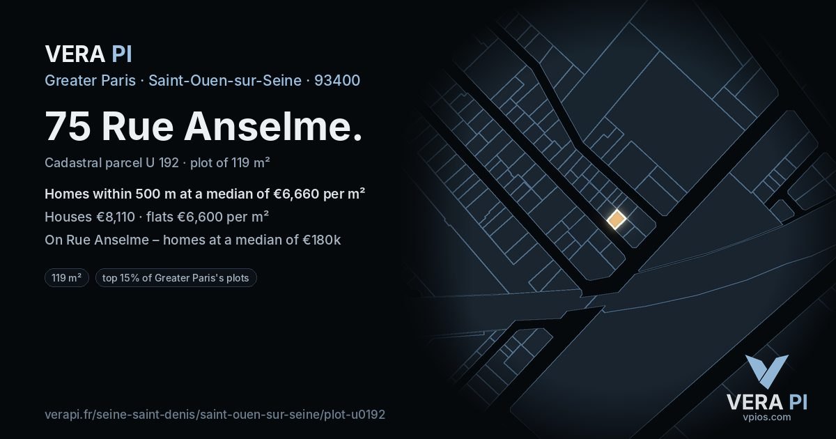 75 Rue Anselme, Saint-Ouen-sur-Seine at night – the plot lit, the parcels around coloured by the prices near them