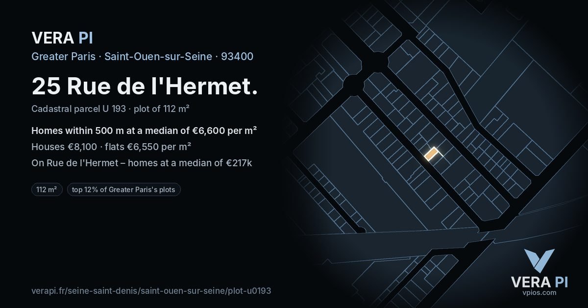 25 Rue de l'Hermet, Saint-Ouen-sur-Seine at night – the plot lit, the parcels around coloured by the prices near them