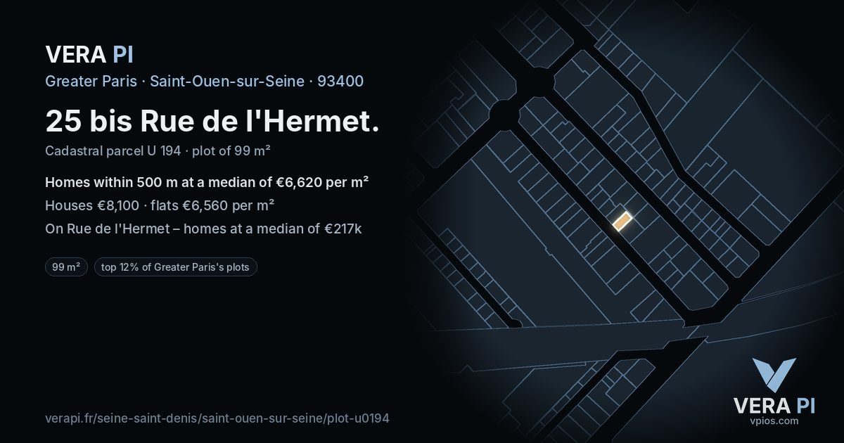 25 bis Rue de l'Hermet, Saint-Ouen-sur-Seine at night – the plot lit, the parcels around coloured by the prices near them