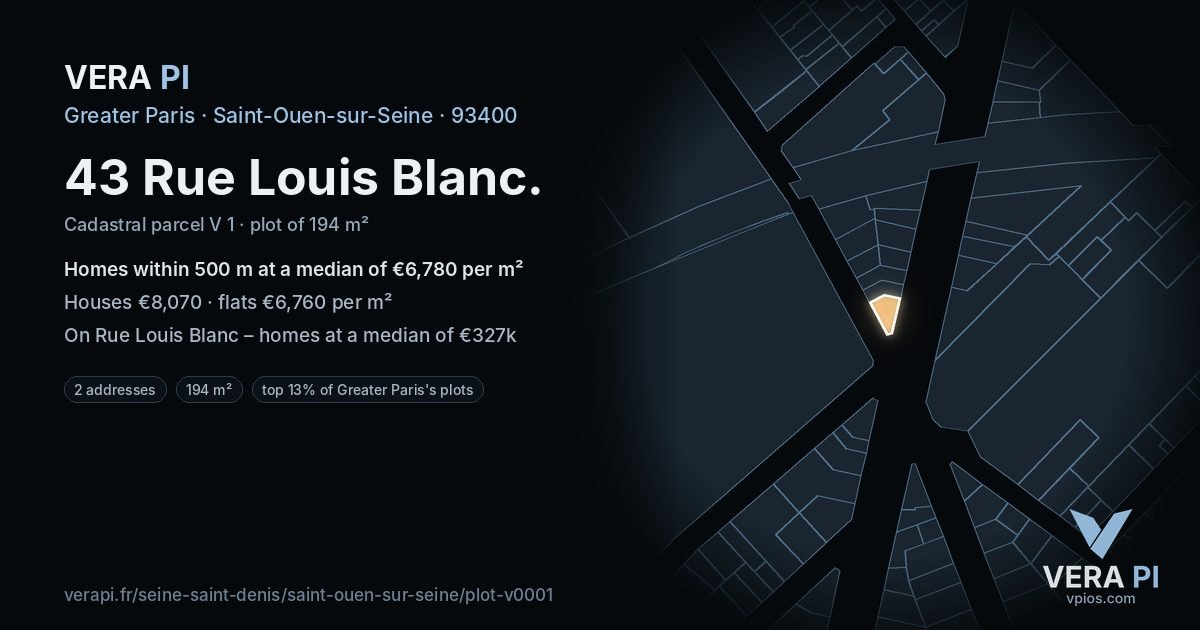 43 Rue Louis Blanc, Saint-Ouen-sur-Seine at night – the plot lit, the parcels around coloured by the prices near them