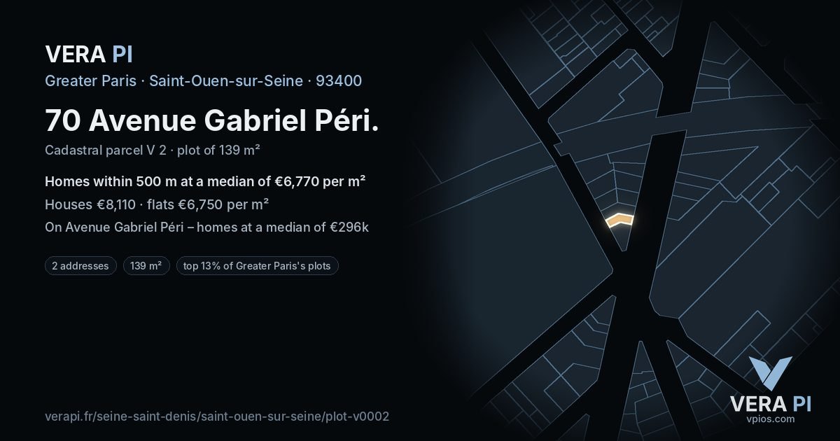70 Avenue Gabriel Péri, Saint-Ouen-sur-Seine at night – the plot lit, the parcels around coloured by the prices near them