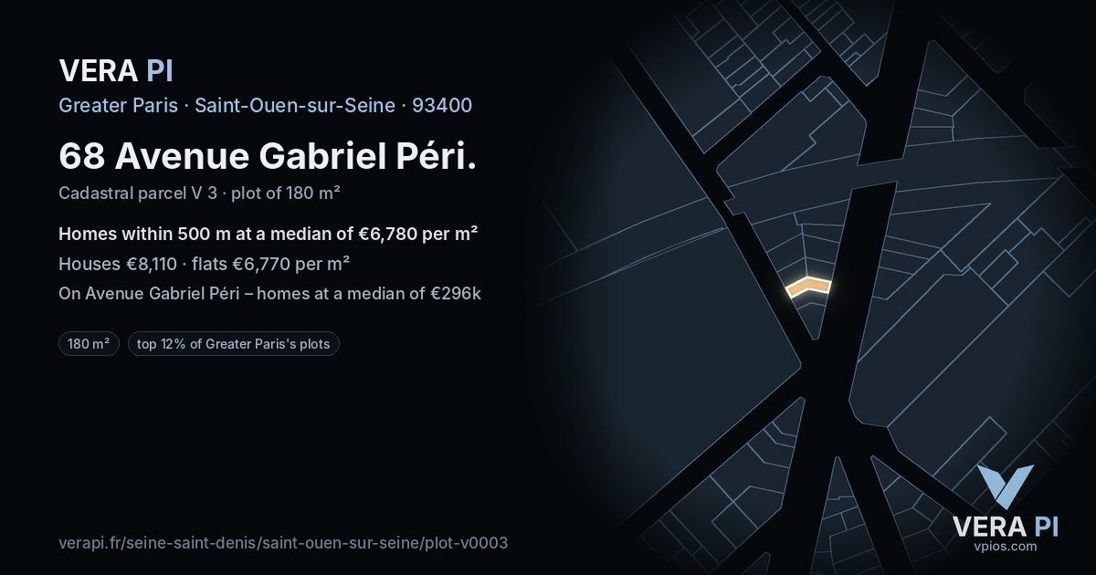 68 Avenue Gabriel Péri, Saint-Ouen-sur-Seine at night – the plot lit, the parcels around coloured by the prices near them