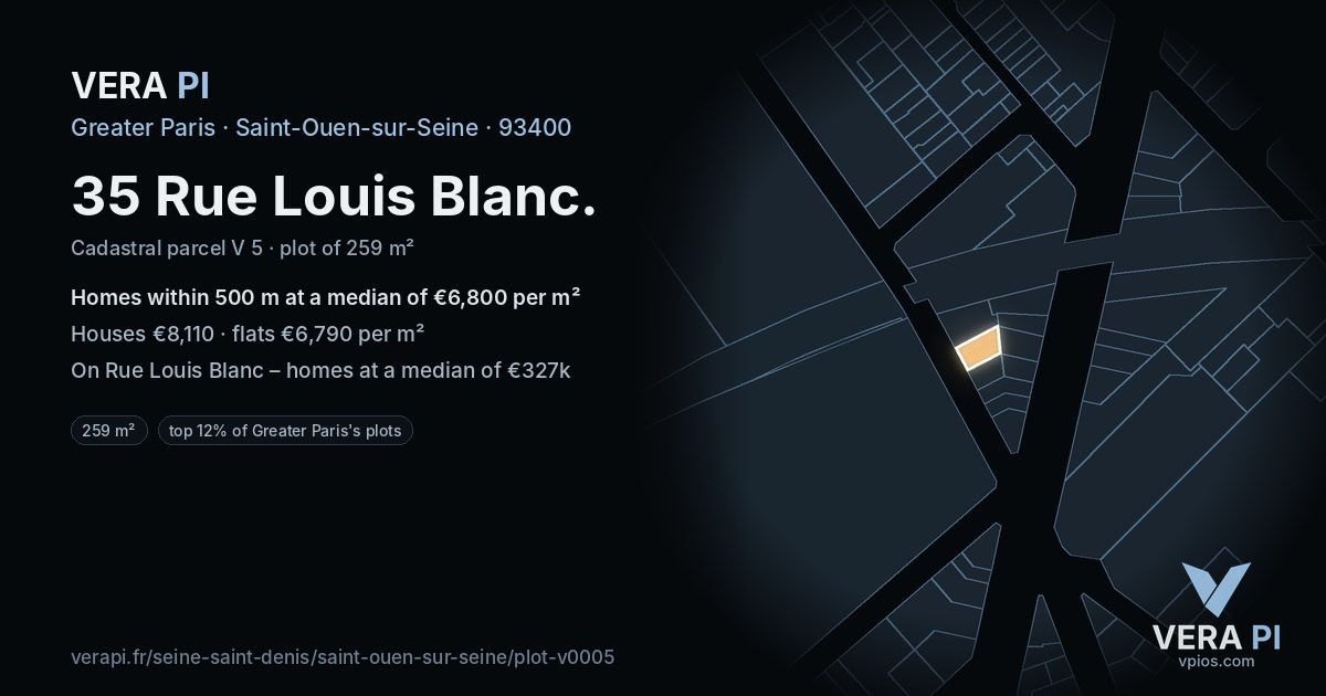 35 Rue Louis Blanc, Saint-Ouen-sur-Seine at night – the plot lit, the parcels around coloured by the prices near them