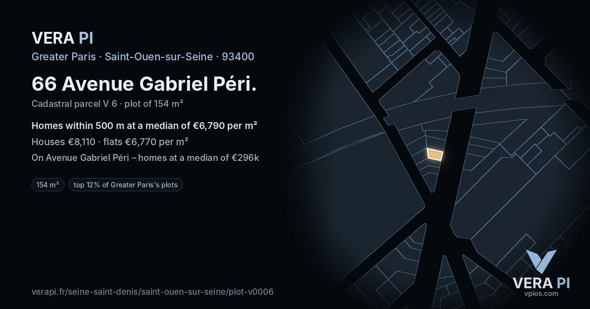 66 Avenue Gabriel Péri, Saint-Ouen-sur-Seine at night – the plot lit, the parcels around coloured by the prices near them