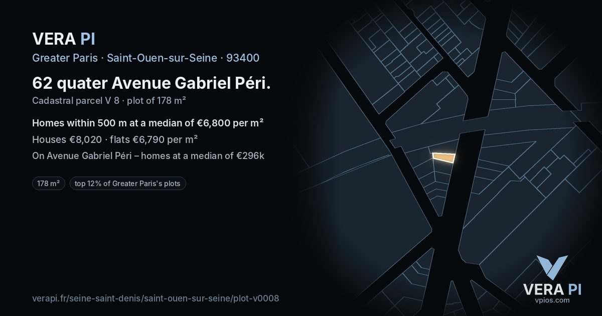 62 quater Avenue Gabriel Péri, Saint-Ouen-sur-Seine at night – the plot lit, the parcels around coloured by the prices near them